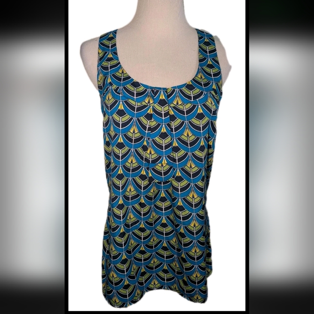 Banana Republic Sleevelss Geometric Fan Print Pleated Necklace Top Size Small